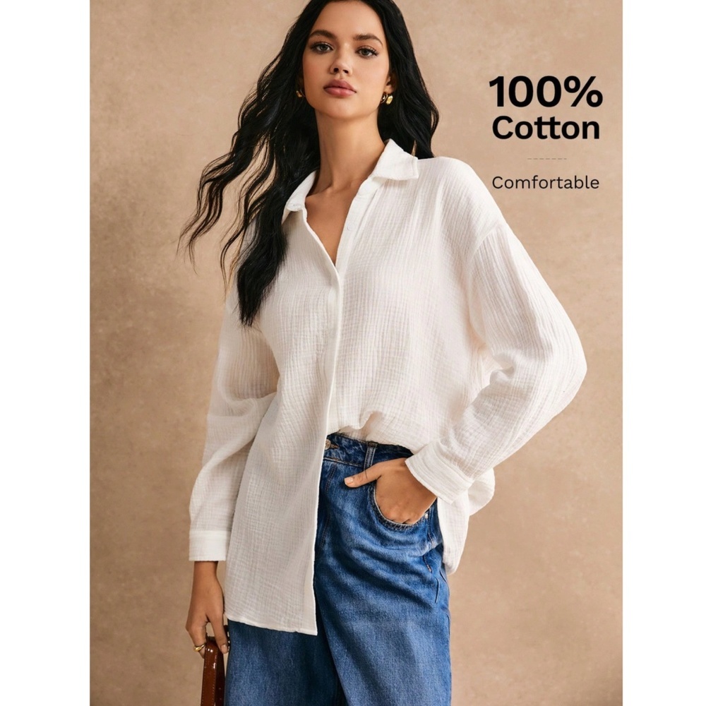 Cotton White Casual Shirt Button Down Up Long Sleeve